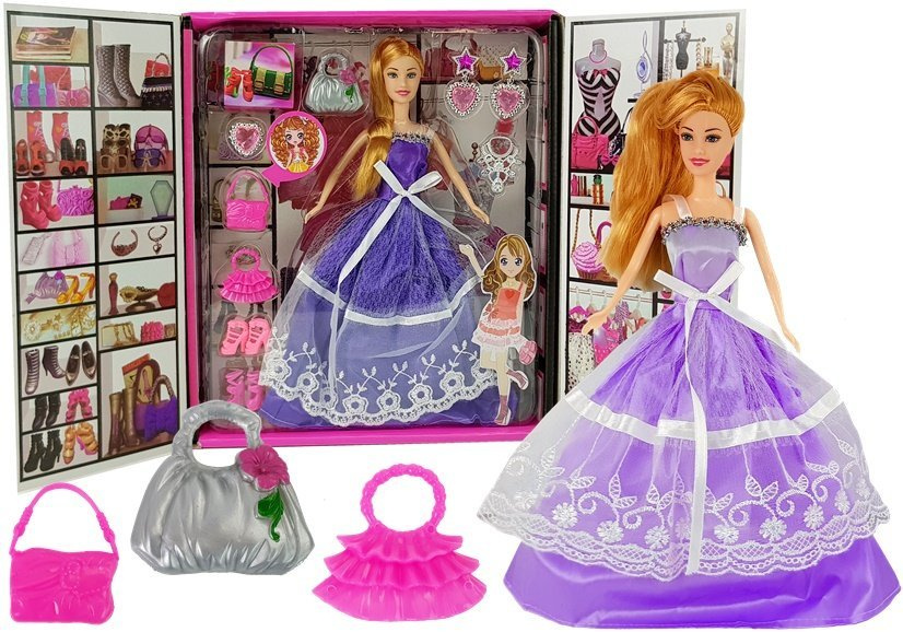 Panenka LEAN Toys v fialových šatech s kabelkami a šperky 28 cm — Celkový pohled