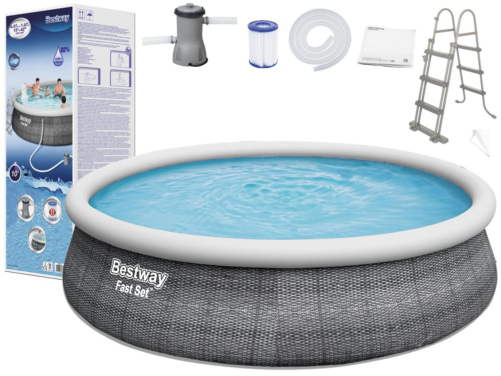 Samonosný bazén Bestway 57372 s nafukovacím prstencom 457 × 107 cm, 12 362 l, filtrovanie pomocou kazety a rebrík