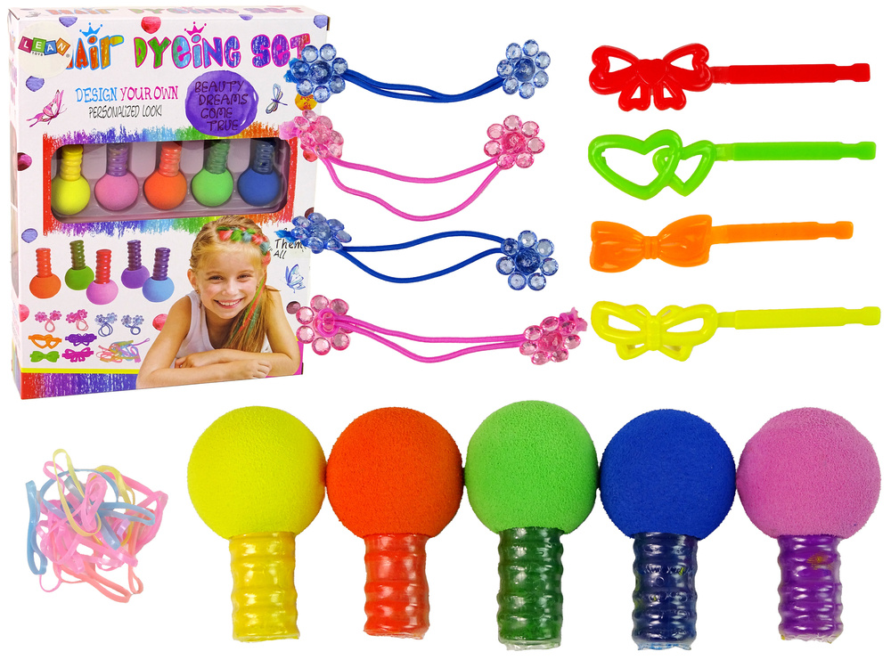 Sada na farbenie vlasov pre deti LEAN Toys 5 farieb s gumovkami a sponkami