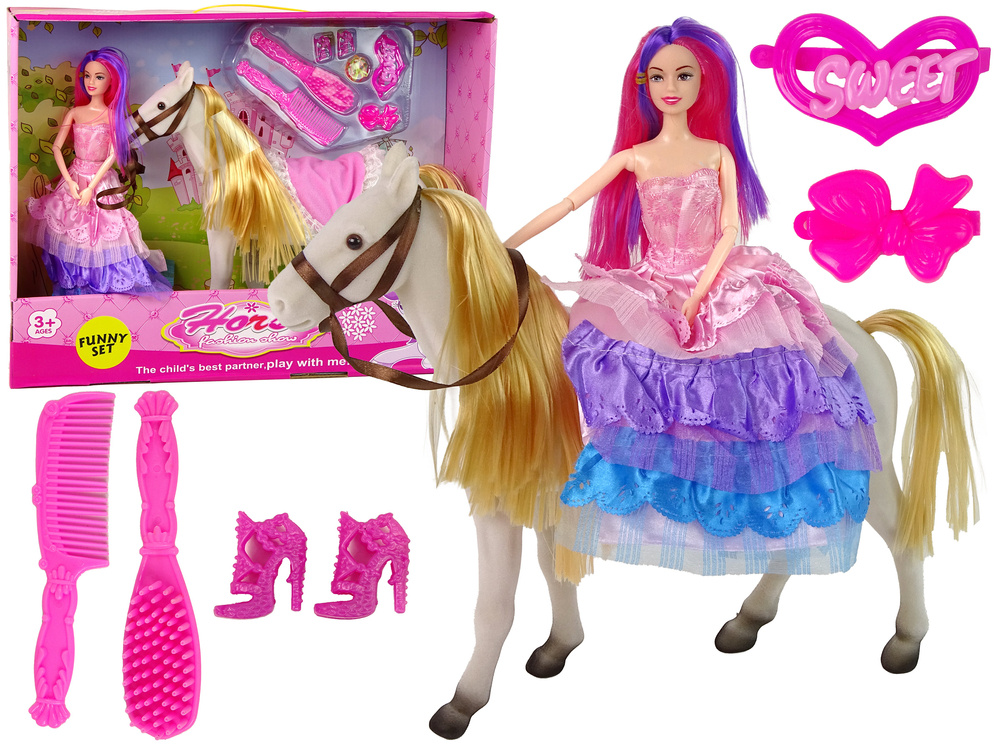Panenka Princezna s Bílým Poníkem a Doplňky LEAN Toys s ohýbatelnými končetinami a kartáčem