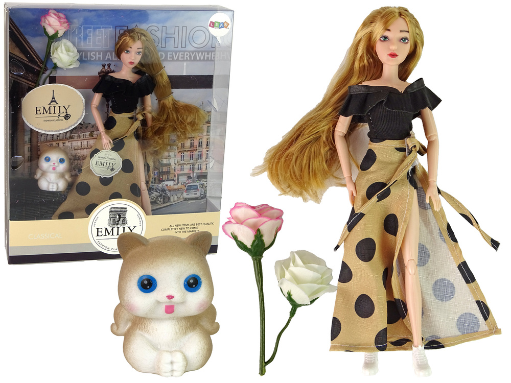 Panenka Emily s mačkou LEAN Toys 30 cm dlhé blond vlasy modré oči pohyblivé končatiny 3+