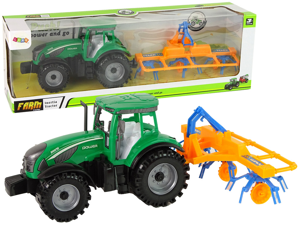 Zelený traktor s oranžovo-modrým shrnovačem LEAN Toys 24cm - třecí pohon pro děti od 3 let