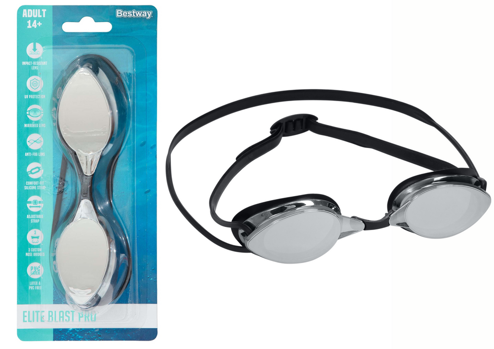 Zrcadlové plavecké brýle čierne Bestway 21066 pre dospelých 14+ rokov s UV ochranou a anti-fog úpravou