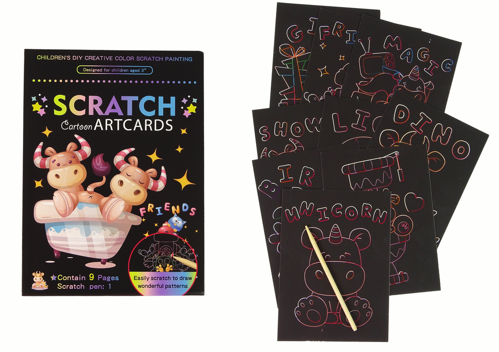 Stírací omalovánka LEAN Toys zvířátka 9 obrázků s dřevěnou škrabkou pro kreativní rozvoj