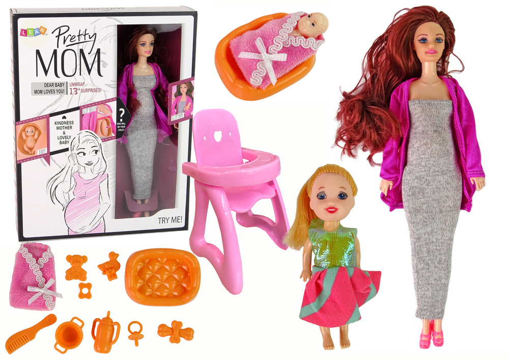 Těhotná panenka s dlouhými vlasy a příslušenstvím LEAN Toys - interaktivní hračka pro dívky