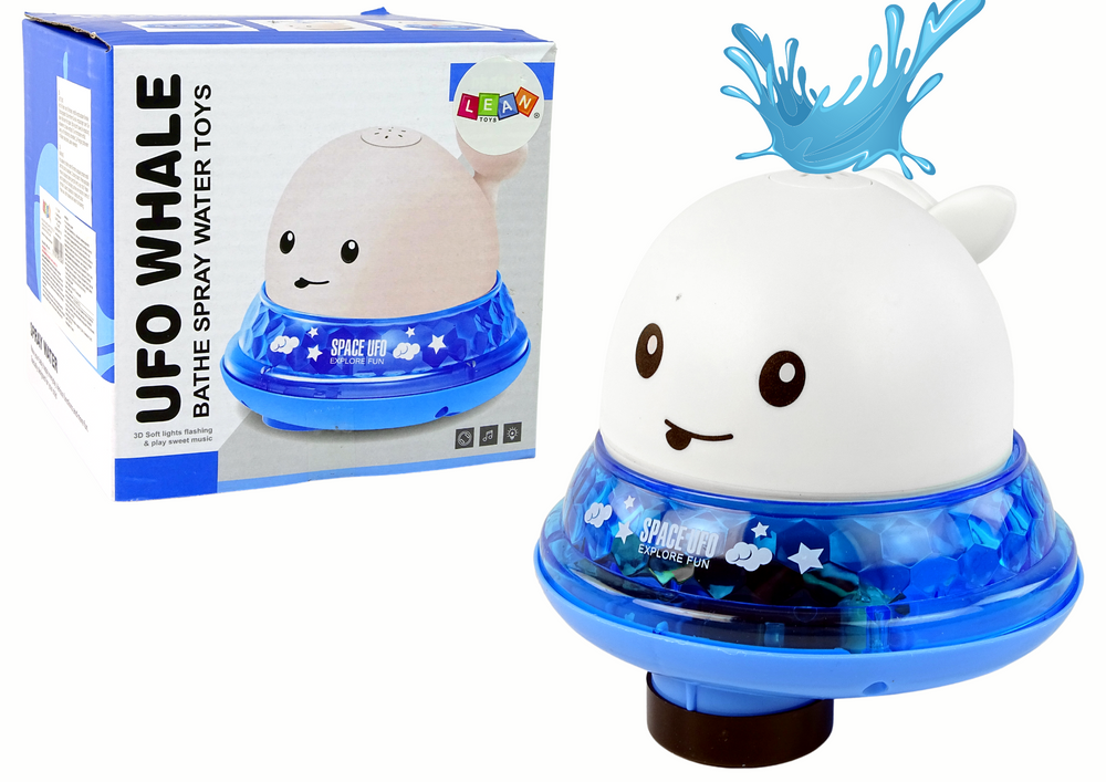 Velryba stříkající vodu s podstavcem LEAN Toys - interaktivní koupelní hračka bílá 3+ roky