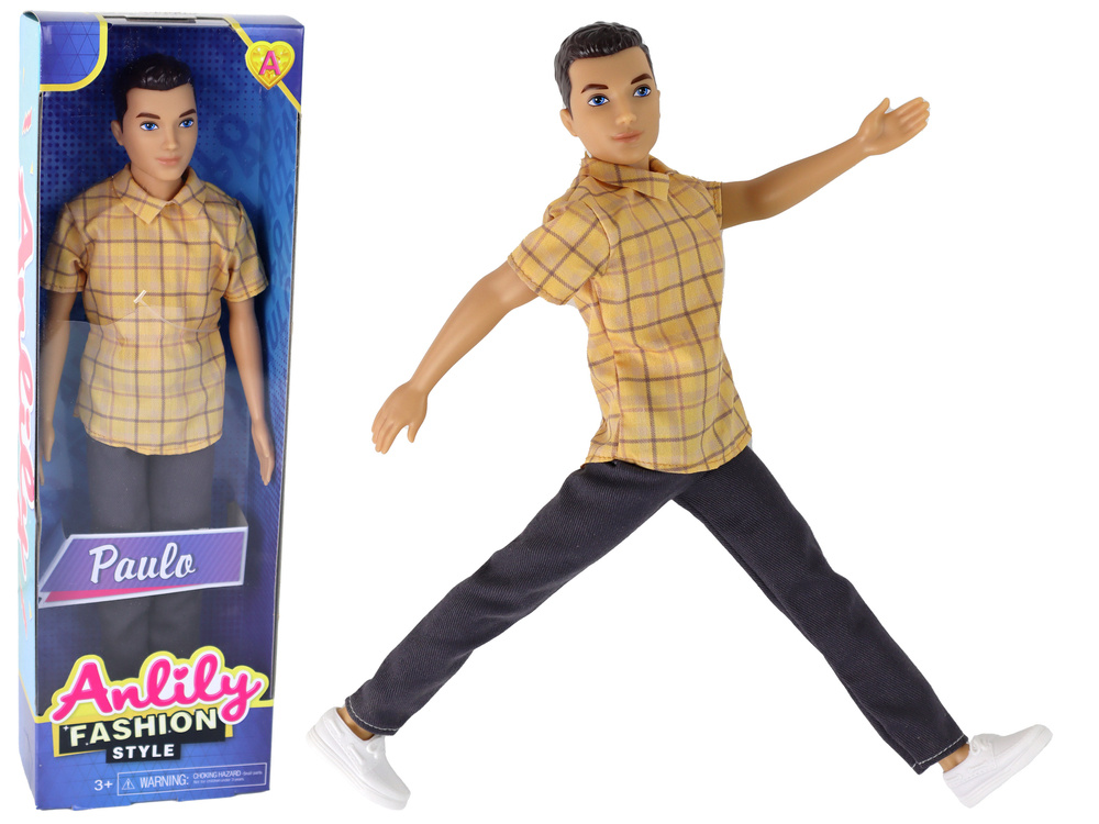 Panenka chlapec Paulo s hnědými vlasy a žlutou košilí od LEAN Toys, ruchomá, pro děti od 3 let — Celkový pohled