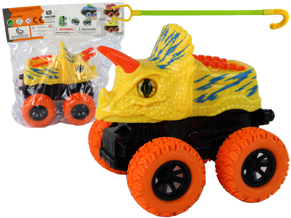 Tlačítkové Offroad Vozítko Triceratops s gumovými koly LEAN Toys 13cm - žluté prehistorické vozidlo s frikčním pohonem