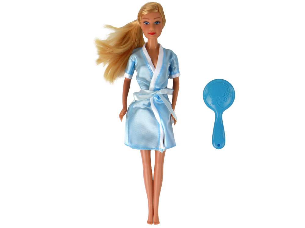 Panenka LEAN Toys s dlouhými blond vlasy a modrým županem pro děti od 3 let — Detail panenky