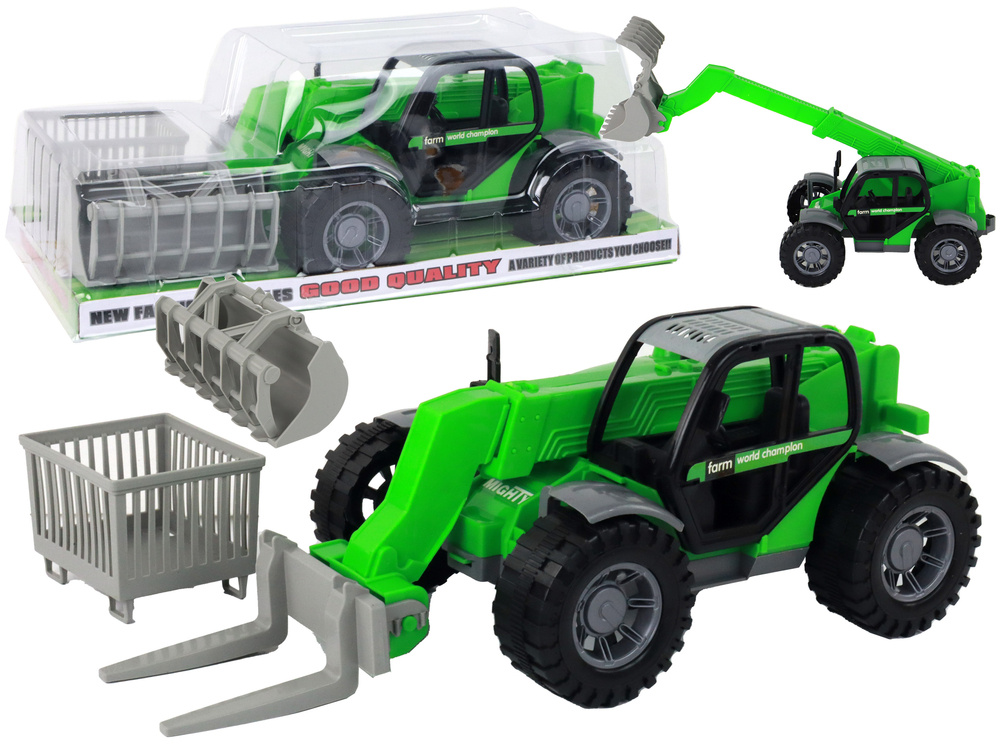 Zelený zemědělský traktor s otočným jeřábem LEAN Toys - třecí pohon s příslušenstvím