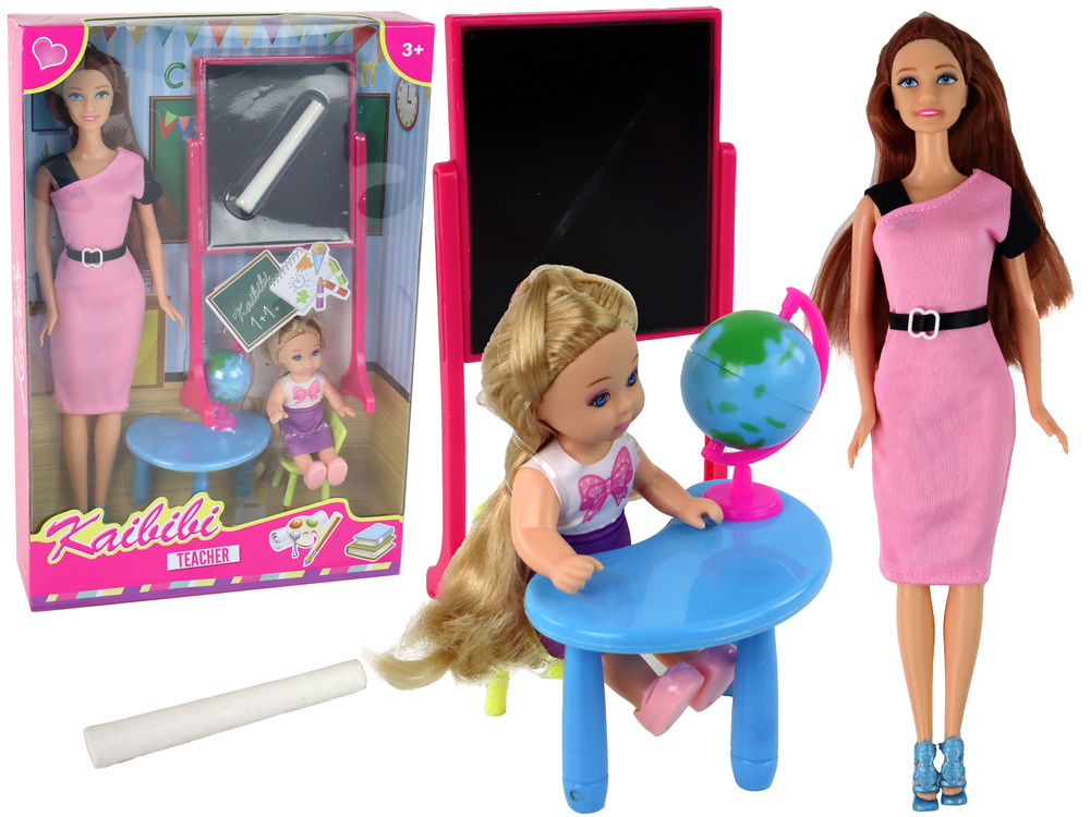 Dětská panenka učitelka se žákyní LEAN Toys - školní set s tabulí a globem od 3 let