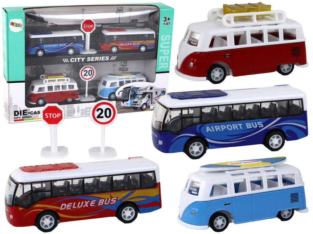 Autobusy a karavany s frikčním pohonem 1:87, sada 4 kusů — Celkový pohled