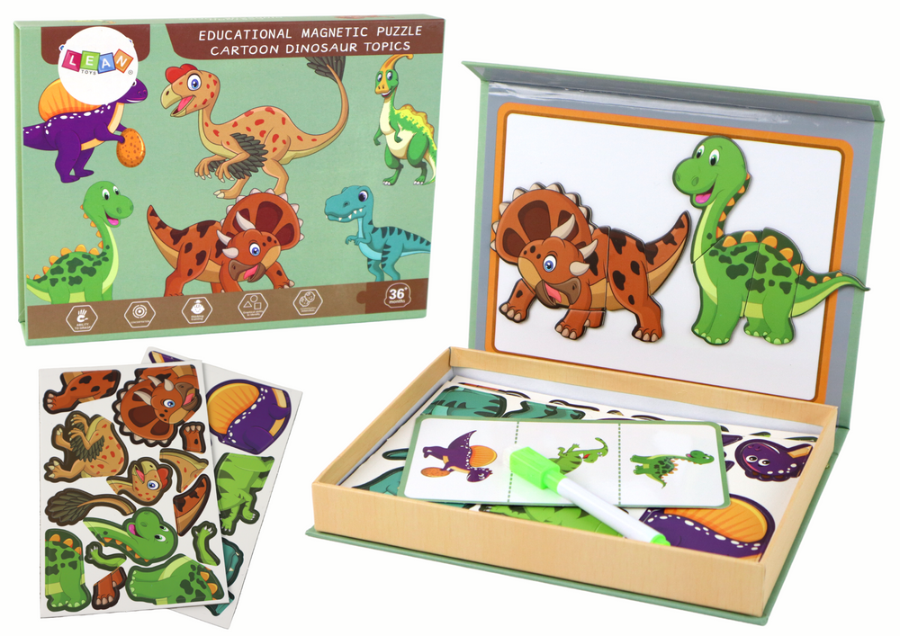 Vzdělávací Magnetická Puzzle Sada s Motivem Dinosaurů LEAN Toys pro Děti od 3 let s Fixem a Podpůrnými Kartami
