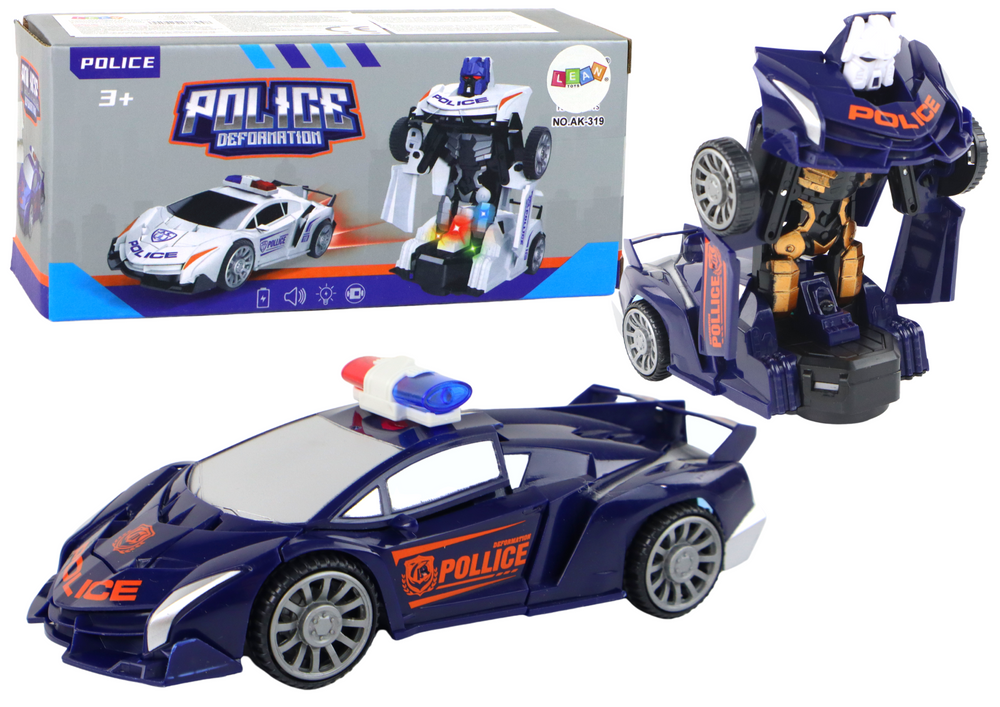 Policejní robotické auto LEAN Toys 2v1 s transformací - modré s LED světly a zvuky