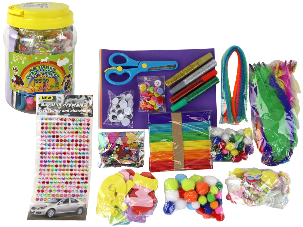 Umělecká Kreativní Sada v Nádobě DIY LEAN Toys - kompletní výtvarná sada pro děti od 4 let s pěnovými písmenky a peříčky